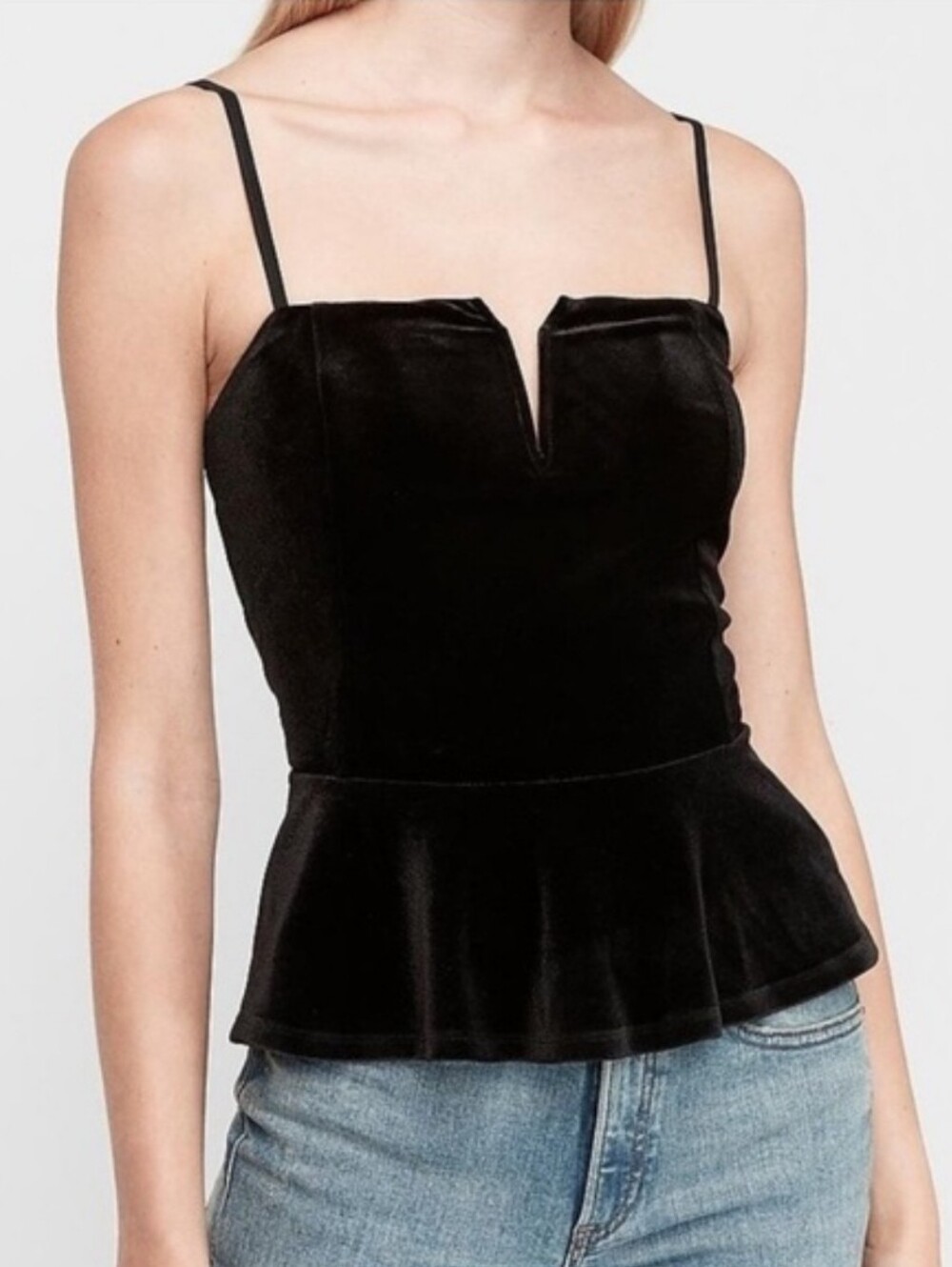 Express Black Peplum Velvet Tank Top Deep V detail Soft Velour Spaghetti Strap M